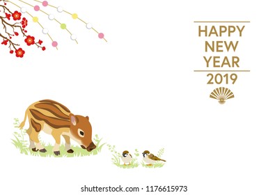 2019 New Year card Design, Baby Boar and Two sparrows