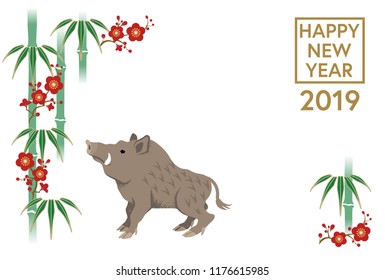 2019 New Year card Design, Boar and Bamboo