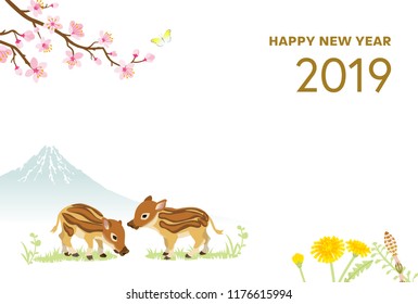 2019 New Year card Design, Baby Boars and Spring nature