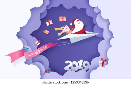 2019 New Year card design. Santa Claus and funny pig fluing on paper airplane on blue background. Vector paper cut art illustration for promotion banners, headers, posters, stickers