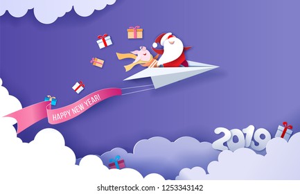 2019 New Year card design. Santa Claus and funny pig fluing on paper airplane on blue background. Vector paper cut art illustration for promotion banners, headers, posters, stickers