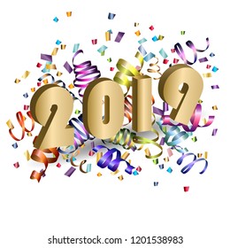 2019.  New Year card with gold 3d numbers 2019 and  colorful serpentine against a light background. Great for New year party posters, headers. Vector illustration.