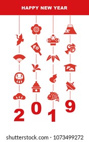 2019 New Year card with good luck elements "pine leaf, bamboo leaf, plum flower, red snapper, crane, spinning top, hand fan, tumbling doll, Mt.Fuji and kite"