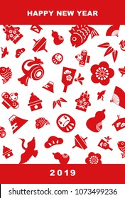 2019 New Year card illustration with pine leaf, bamboo leaf, plum flower, red snapper, crane, spinning top, hand fan, tumbling doll, Mt.Fuji and kite, New Year elements