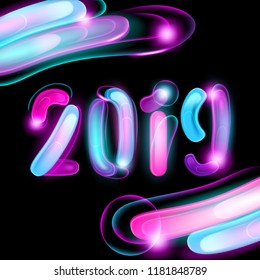 2019 New Year Card with Shine Effect. Festive Card or Poster Design