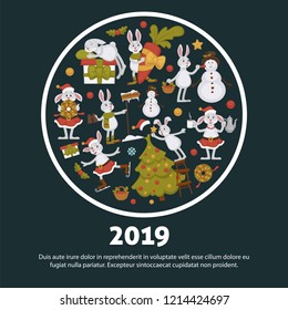 2019 New year celebration approaches, winter characters and symbols vector. Bunny animal skating on ice, presents and gifts, snowman with carrot nose. Fir decoration by rabbit wearing costume