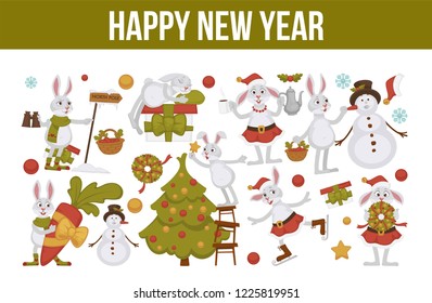 2019 New year celebration, bunny with snowman winter character vector. Rabbit drinking warm beverage, skating and carrying carrot. Decoration of Christmas tree, wreath symbol of holiday, pine