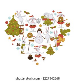 2019 New year celebration, bunny with snowman winter character vector. Rabbit drinking warm beverage, skating and carrying carrot. Decoration of Christmas tree, wreath symbol of holiday, pine