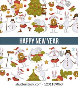 2019 New year celebration, bunny with snowman winter character vector. Rabbit drinking warm beverage, skating and carrying carrot. Decoration of Christmas tree, wreath symbol of holiday, pine