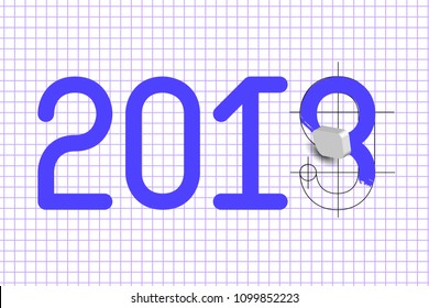 2019 New Year. Celebration concept. Eraser erases a number 8, under which drawing the number 9. Background - page from a school squared notebook. 31 December