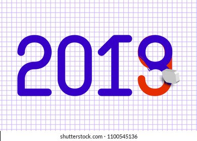 2019 New Year. Celebration concept. Eraser erases a number 8, under which red the number 9. Background - page from a school squared notebook. 31 December
