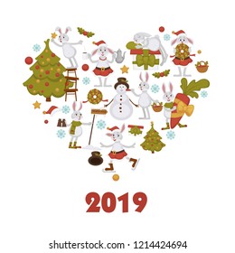 2019 new year celebration, symbols bunny character decorating snowman vector. Pine fir evergreen tree decorating by rabbit wearing santa claus costume. Winter hare skating on ice with carrot