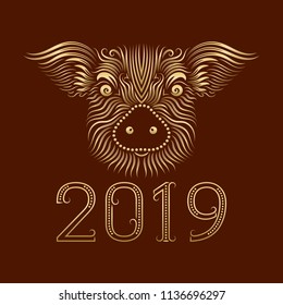 2019 New Year of Chinese horoscope greeting card with patterned golden pig muzzle.