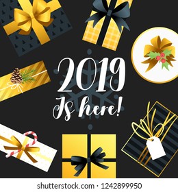 2019 New Year and Christmas greeting card background. Vector holiday design with Xmas present around. Black and gold color.