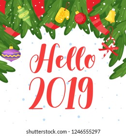 2019 New Year and Christmas greeting card background. Vector cartoon holiday design with pine tree brunches frame and Xmas tree toys.