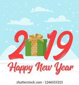 2019 New Year and Christmas greeting card background. Vector cartoon holiday design with present. Snowy landscape background.