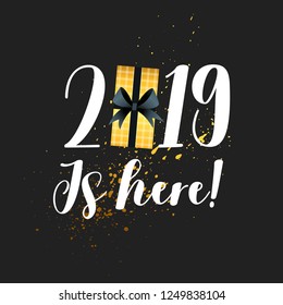 2019 New Year and Christmas greeting card background. Vector holiday design with Xmas present. Black and gold color.