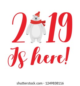 2019 New Year and Christmas greeting card background. Vector cartoon holiday design with polar bear in winter red knitted hat.