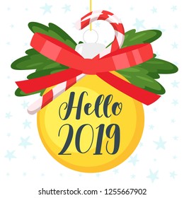 2019 New Year and Christmas greeting card background. Vector cartoon holiday design with Xmas tree toy, red bow and candy cane.