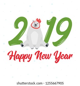 2019 New Year and Christmas greeting card background. Vector cartoon holiday design with polar bear with red bow as a gift.