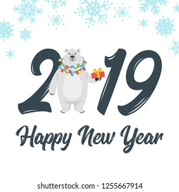 2019 New Year and Christmas greeting card background. Vector  cartoon holiday design with polar bear and present. Snowflakes frame at the background.