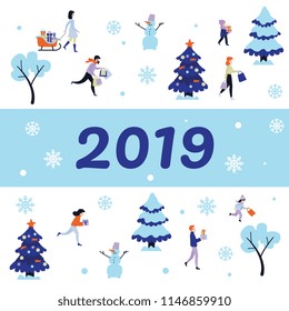 2019 new year, christmas holiday symbols and characters set poster. Men and women, kids running with present boxes within winter trees with snowcaps, snowman and snowflakes vector
