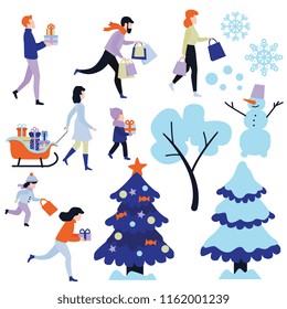 2019 new year, christmas holiday sale, discount or clearance symbols and characters set. Men and women, kids running with present boxes, winter trees with snowcaps, snowman and snowflakes vector
