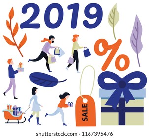 2019 new year, christmas holiday sale, discount or clearance symbols and characters set. Men and women running with present boxes, floral decorations, sale label and gift packaging box, vector