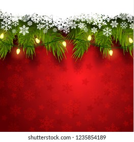 2019 New Year Christmas realistic, 3 d template, used for a banner, poster, red background full of falling snowflakes, fur tree branches on top, bright Christmas lights on them, vector illustration