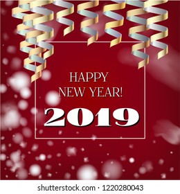 2019 New Year, Christmas Vector Card on Red with Snow. Snowflakes Heavy Snowfall Square Celebration Gift Voucher Background. Holiday Decoration Template. Nice 2019 New Year Christmas Red Card