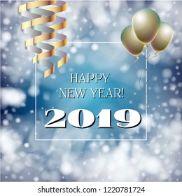 2019 New Year, Christmas Vector Card on Blue with Snow. Snowflakes, Sparkles Gold Square Gift Voucher Celebration Background. Holiday Decoration Layout. 2019 New Year Christmas Grunge Blue Card
