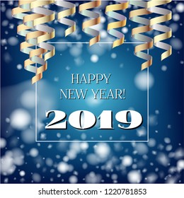 2019 New Year, Christmas Vector Card with Snow on Blue. Snowflakes Heavy Snowfall Square Celebration Gift Voucher Background. Holiday Decoration Template. 2019 New Year Christmas Grunge Blue Card