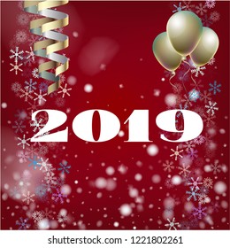 2019 New Year, Christmas Vector Card with Snow on Red. Snowflakes, Sparkles Gold Abstract Square Flyer Celebration Background. Holiday Streamers Foil Deco. Nice 2019 New Year Christmas Red Card