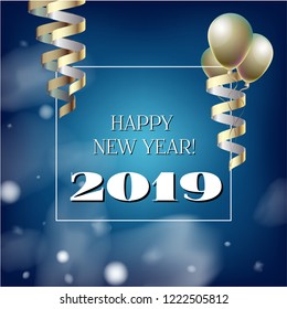 2019 New Year, Christmas Vector Card with Snow on Blue. Heavy Snowfall, Snowflakes Square Gift Voucher or Celebration Background. Holiday Decoration Template. Cool 2019 New Year Christmas Card on Blue