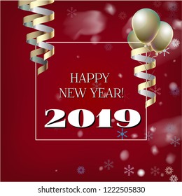 2019 New Year, Christmas Vector Card on Red with Snow. Snowflakes, Sparkles Gold Square Gift Voucher Celebration Background. Holiday Streamers Foil Deco. Funky 2019 New Year Christmas Red Card