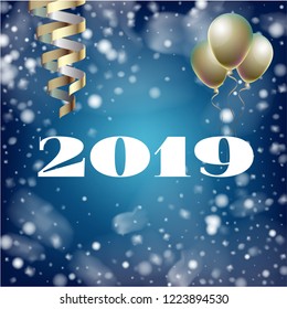 2019 New Year, Christmas Vector Card on Blue with Snow. Snowflakes Heavy Snowfall Square Celebration Gift Voucher Background. Holiday Decoration Layout. Nice 2019 New Year Christmas Blue Card