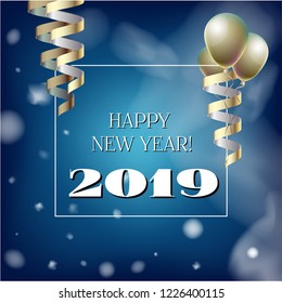 2019 New Year, Christmas Vector Card on Blue with Snow. Snowflakes Heavy Snowfall Square Celebration Gift Voucher Background. Holiday Decoration Template. Cool 2019 New Year Christmas Card on Blue