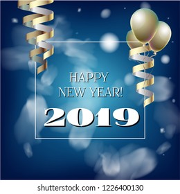 2019 New Year, Christmas Vector Card on Blue with Snow. Snowflakes Heavy Snowfall Square Celebration Gift Voucher Background. Holiday Decoration Layout. Nice 2019 New Year Christmas Blue Card