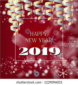 2019 New Year, Christmas Vector Card with Snow on Red. Snowflakes, Sparkles Gold Abstract Square Flyer Celebration Background. Holiday Streamers Foil Deco. Funky 2019 New Year Christmas Red Card