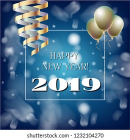 2019 New Year, Christmas Vector Card with Snow on Blue. Snowflakes Sparkle Gold Abstract Square Flyer Minimal Celebration Frame. Holiday Streamers Foil Deco. Cool 2019 New Year Christmas Card on Blue