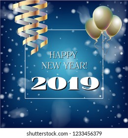 2019 New Year, Christmas Vector Card on Blue with Snow. Snowflakes Sparkle Gold Abstract Square Flyer Minimal Celebration Frame. Holiday Streamers Foil Deco. Cool 2019 New Year Christmas Card on Blue