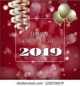 2019 New Year, Christmas Vector Card on Red with Snow. Snowflakes, Sparkles Gold Square Gift Voucher Celebration Background. Party Streamers Decoration. 2019 New Year Christmas Grunge Red Card