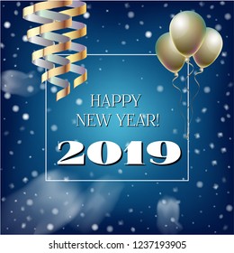2019 New Year, Christmas Vector Card on Blue with Snow. Snowflakes, Sparkles Gold Square Gift Voucher Celebration Background. Holiday Decoration Template. Nice 2019 New Year Christmas Blue Card
