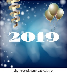 2019 New Year, Christmas Vector Card with Snow on Blue. Snowflakes, Sparkles Gold Square Celebration Gift Voucher Background. Holiday Decoration Template. Nice 2019 New Year Christmas Blue Card