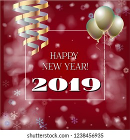 2019 New Year, Christmas Vector Card with Snow on Red. Snowflakes, Sparkles Gold Square Gift Voucher Celebration Background. Holiday Decoration Layout. 2019 New Year Christmas Grunge Red Card