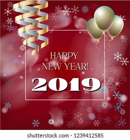 2019 New Year, Christmas Vector Card on Red with Snow. Snowflakes Heavy Snowfall Square Celebration Gift Voucher Background. Holiday Streamers Foil Deco. Funky 2019 New Year Christmas Red Card