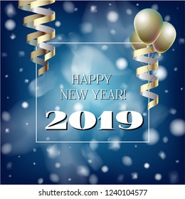 2019 New Year, Christmas Vector Card on Blue with Snow. Snowflakes Sparkle Gold Abstract Square Flyer Minimal Celebration Border. Party Streamers Decoration. Funky 2019 New Year Christmas Blue Card