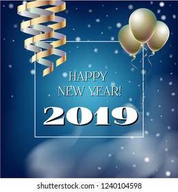 2019 New Year, Christmas Vector Card with Snow on Blue. Heavy Snowfall, Snowflakes Square Gift Voucher or Celebration Background. Holiday Streamers Foil Deco. Funky 2019 New Year Christmas Blue Card