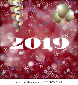 2019 New Year, Christmas Vector Card with Snow on Red. Snowflakes Sparkle Gold Abstract Square Flyer Minimal Celebration Border. Holiday Decoration Layout. Nice 2019 New Year Christmas Red Card