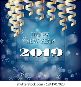 2019 New Year, Christmas Vector Card with Snow on Blue. Snowflakes Heavy Snowfall Square Celebration Gift Voucher Background. Holiday Decoration Template. Nice 2019 New Year Christmas Blue Card